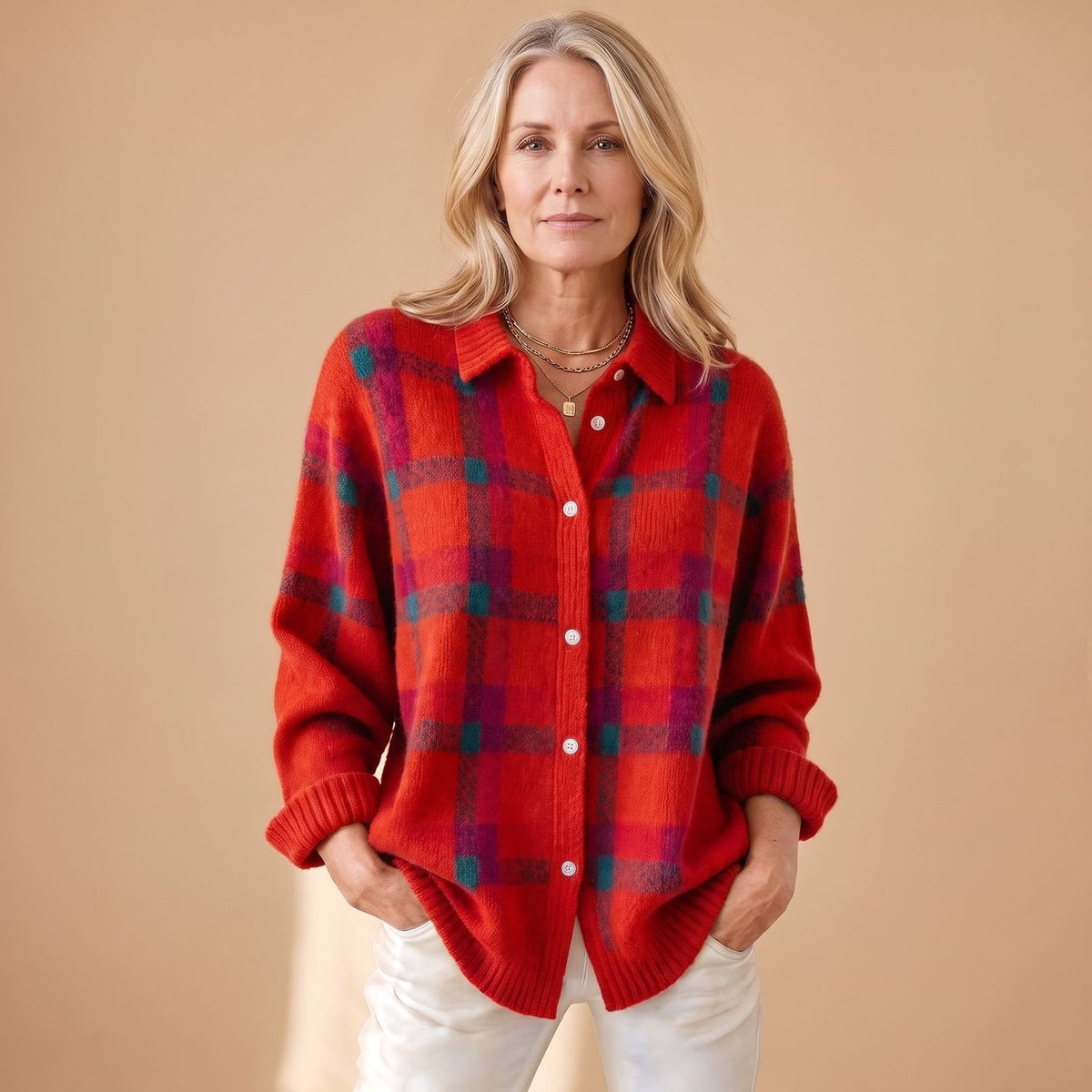 Crystal | Women's Oversized Plaid Collared Button Up Knit Cardigan Sweater