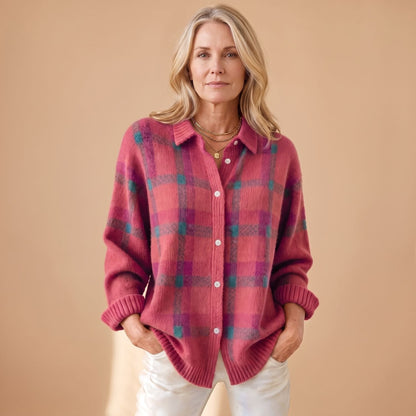 Crystal | Women's Oversized Plaid Collared Button Up Knit Cardigan Sweater