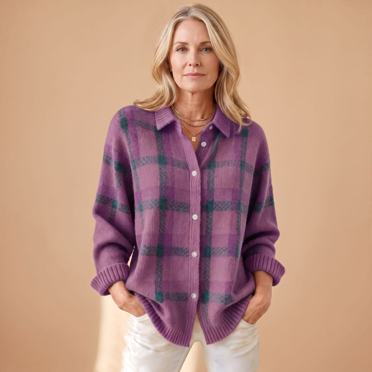 Crystal | Women's Oversized Plaid Collared Button Up Knit Cardigan Sweater