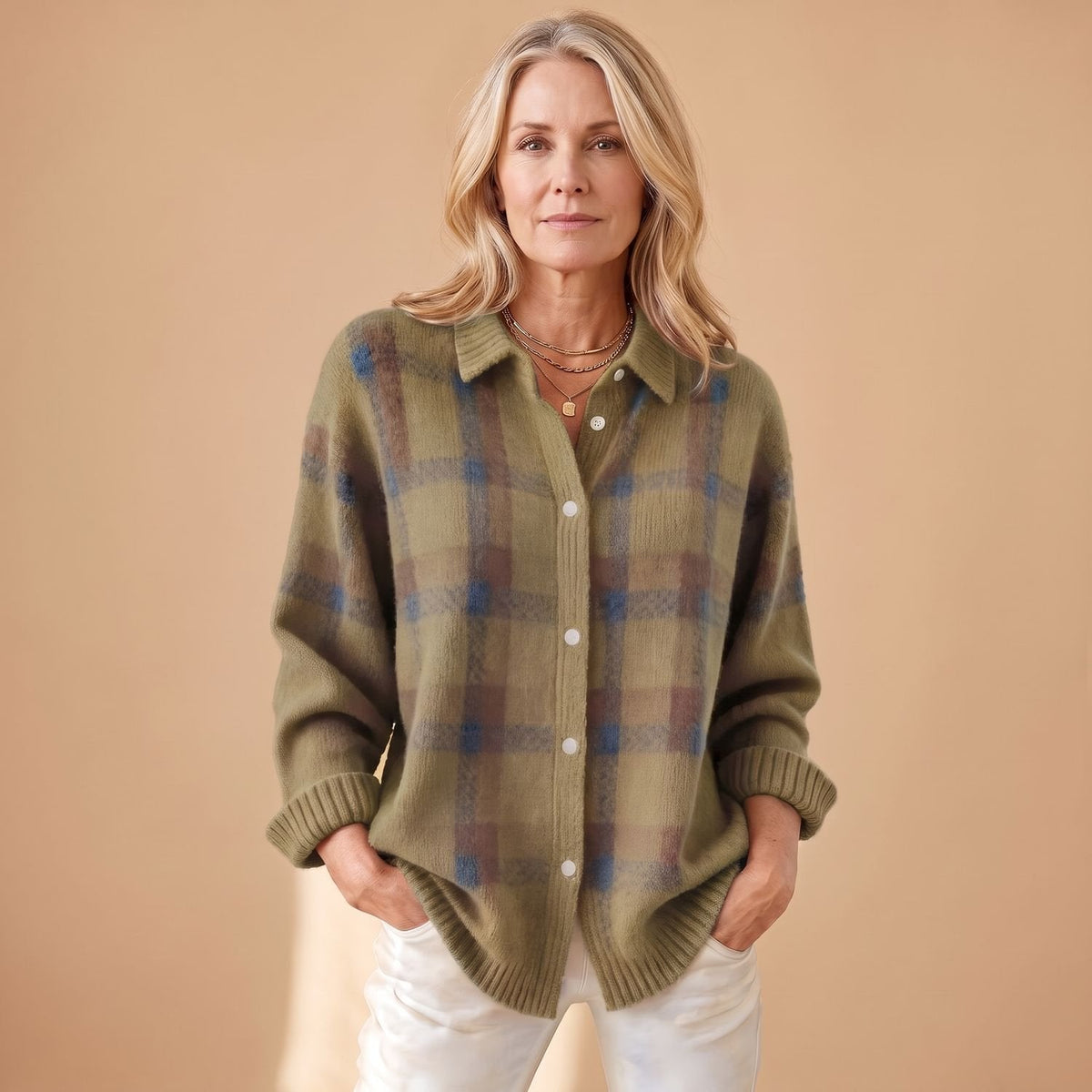 Crystal | Women's Oversized Plaid Collared Button Up Knit Cardigan Sweater