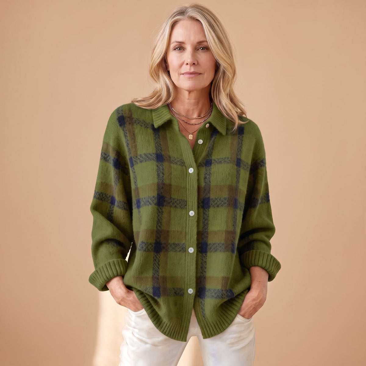Crystal | Women's Oversized Plaid Collared Button Up Knit Cardigan Sweater