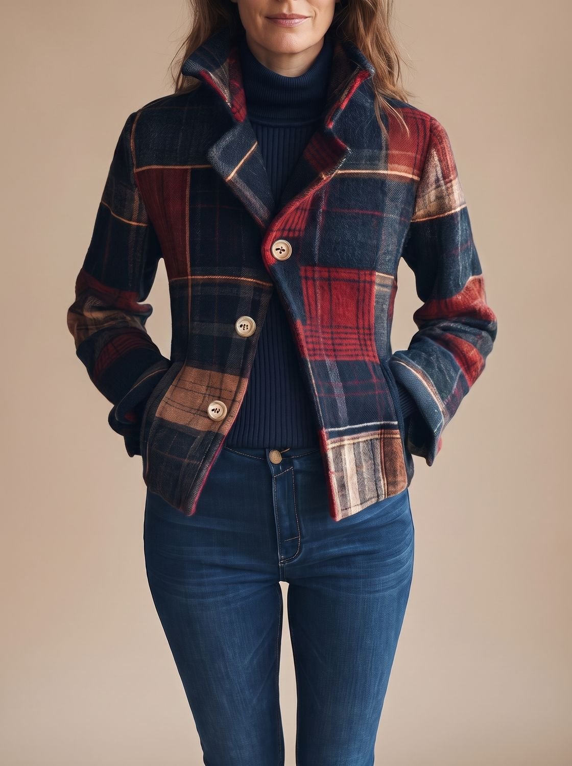 Magnolia | Women's Plaid Notched Lapel Button Front Winter Jacket