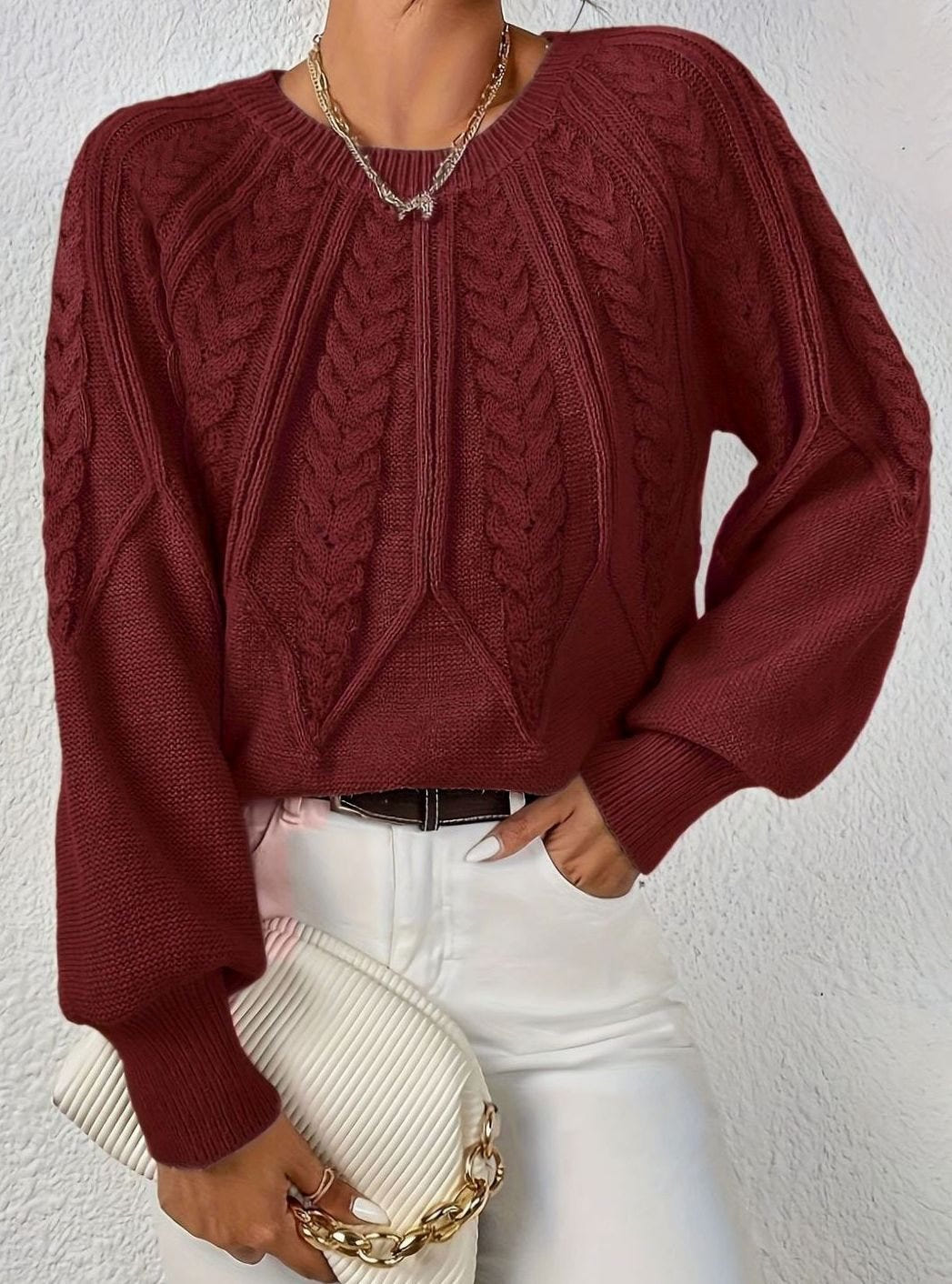 Sophia | Women's Relaxed Lantern Sleeve Cable Knit Pullover Sweater