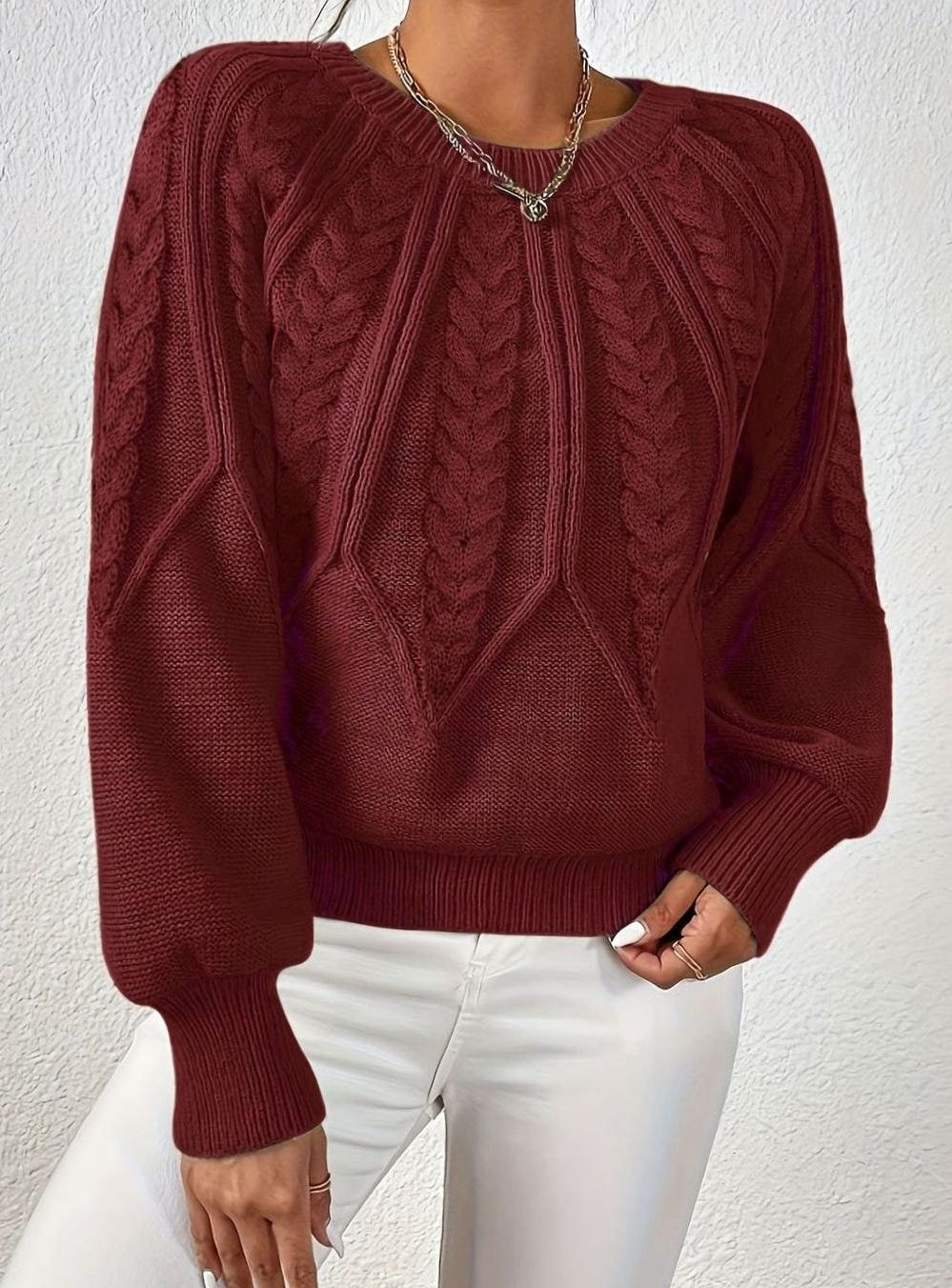 Sophia | Women's Relaxed Lantern Sleeve Cable Knit Pullover Sweater