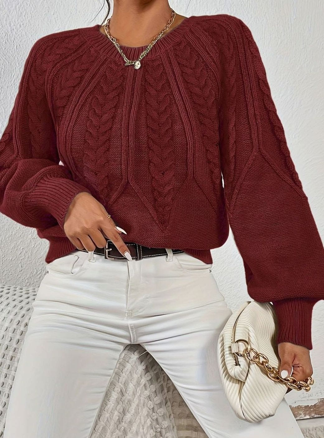 Sophia | Women's Relaxed Lantern Sleeve Cable Knit Pullover Sweater