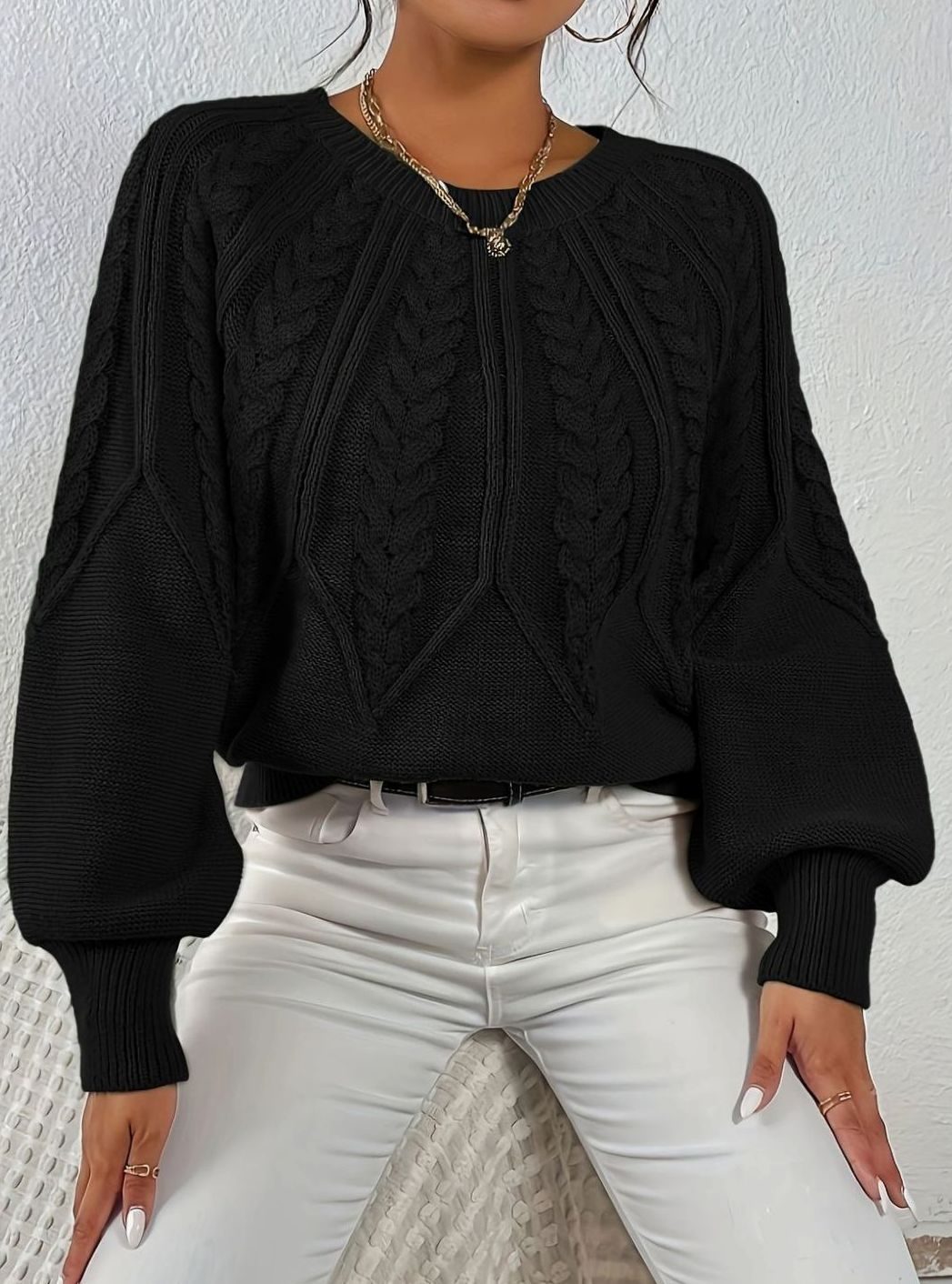 Sophia | Women's Relaxed Lantern Sleeve Cable Knit Pullover Sweater