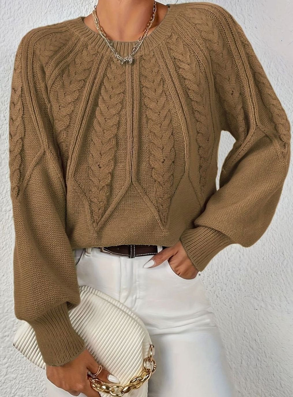 Sophia | Women's Relaxed Lantern Sleeve Cable Knit Pullover Sweater