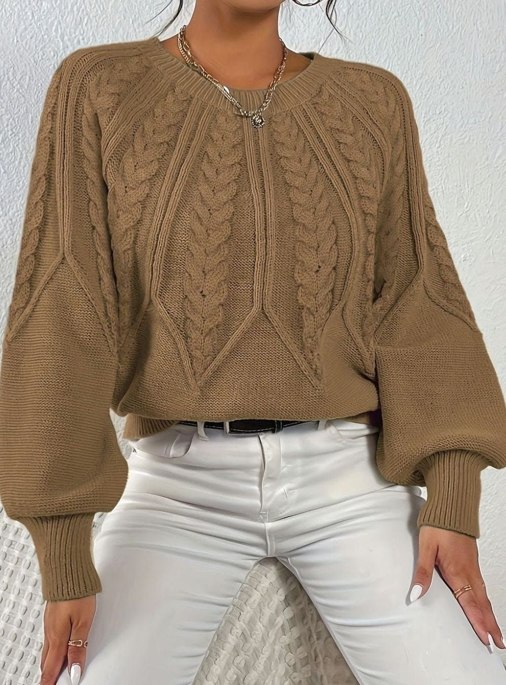Sophia | Women's Relaxed Lantern Sleeve Cable Knit Pullover Sweater
