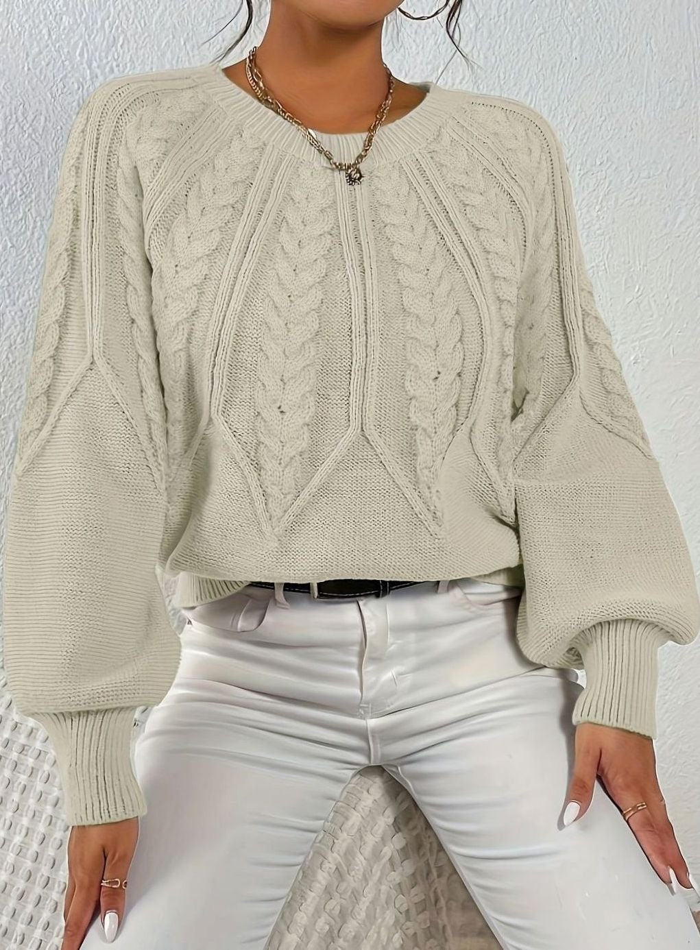 Sophia | Women's Relaxed Lantern Sleeve Cable Knit Pullover Sweater