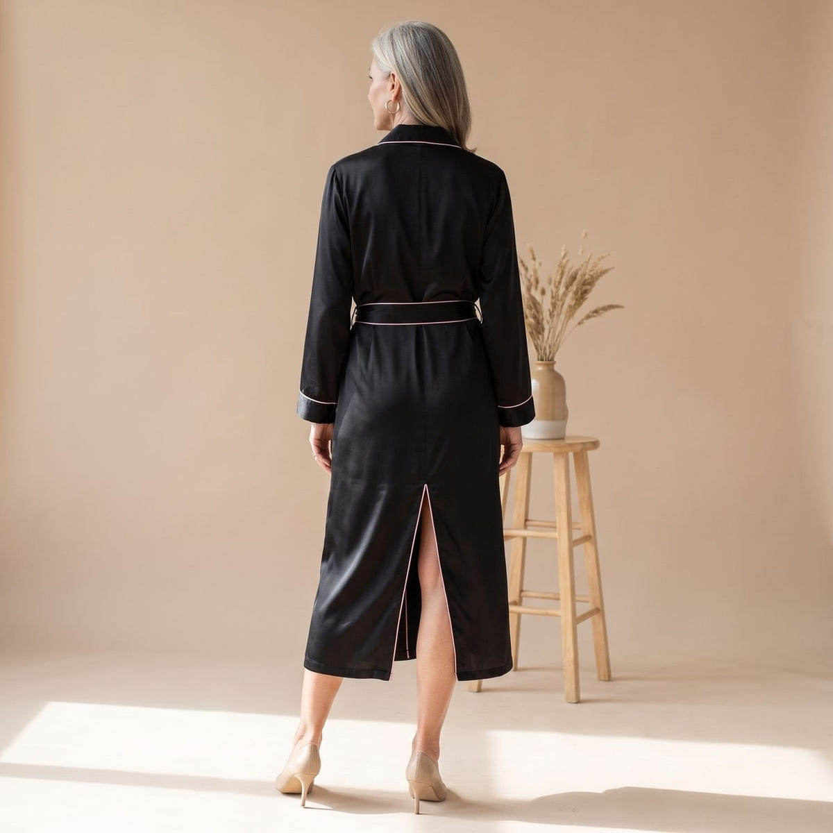 Cassie | Women's Satin Long Sleeve Shawl Collar Contrast Piping Belted Robe