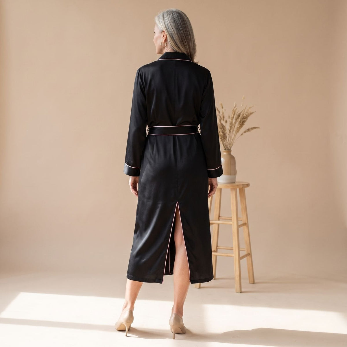 Cassie | Women's Satin Long Sleeve Shawl Collar Contrast Piping Belted Robe
