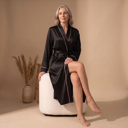 Cassie | Women's Satin Long Sleeve Shawl Collar Contrast Piping Belted Robe