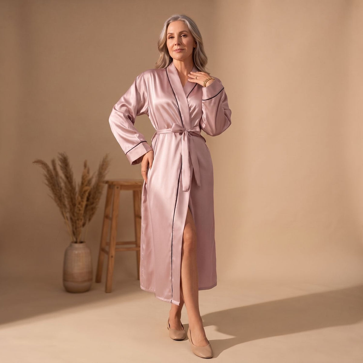 Cassie | Women's Satin Long Sleeve Shawl Collar Contrast Piping Belted Robe