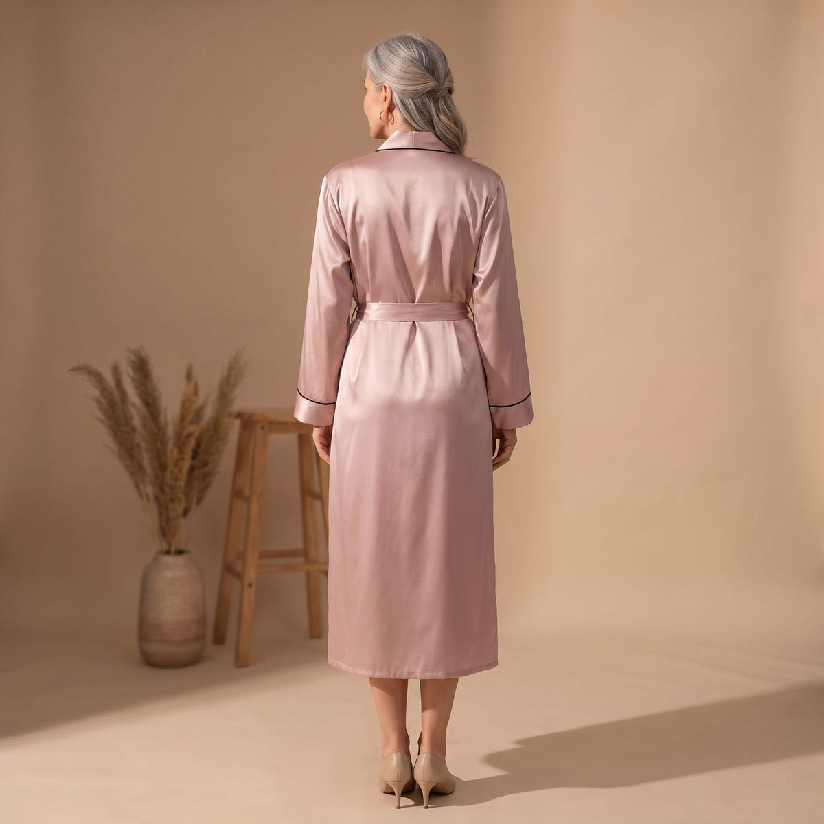 Cassie | Women's Satin Long Sleeve Shawl Collar Contrast Piping Belted Robe