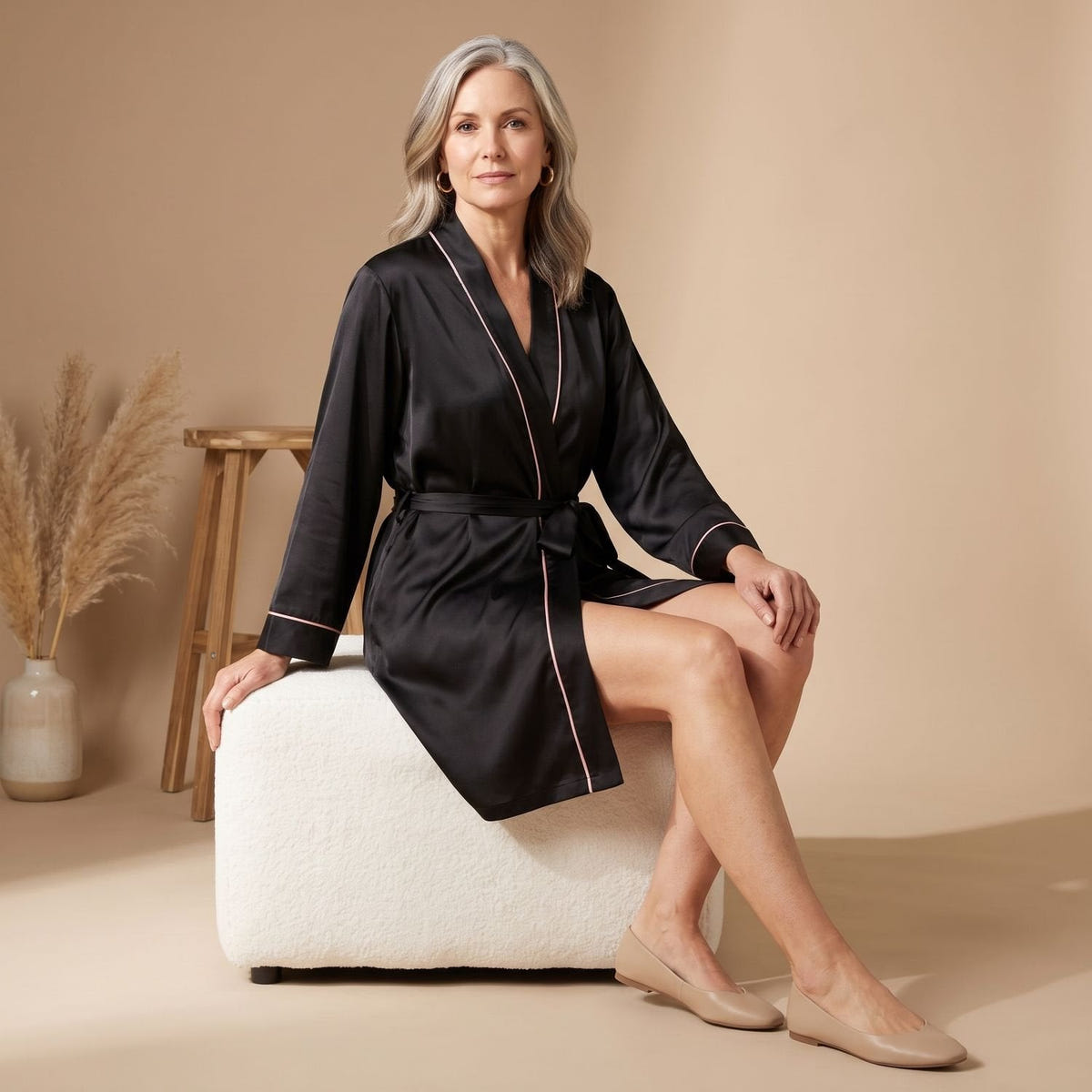 Cassie | Women's Satin Long Sleeve Shawl Collar Contrast Piping Belted Robe