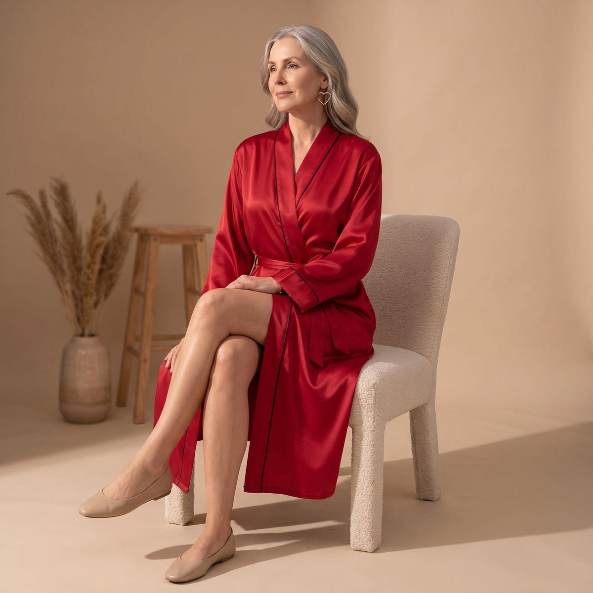 Cassie | Women's Satin Long Sleeve Shawl Collar Contrast Piping Belted Robe
