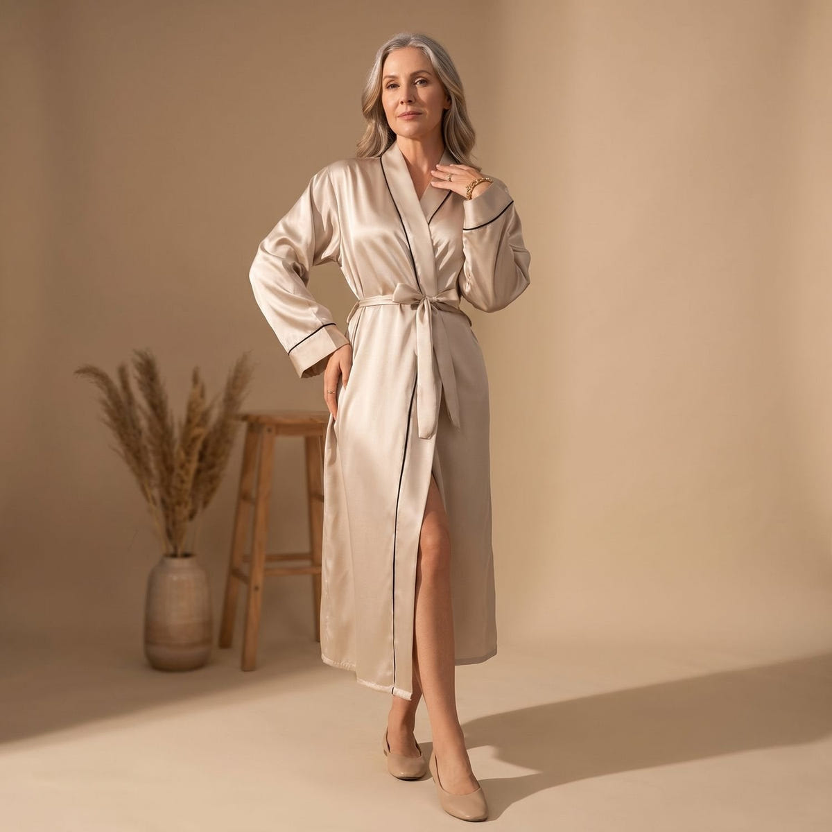 Cassie | Women's Satin Long Sleeve Shawl Collar Contrast Piping Belted Robe