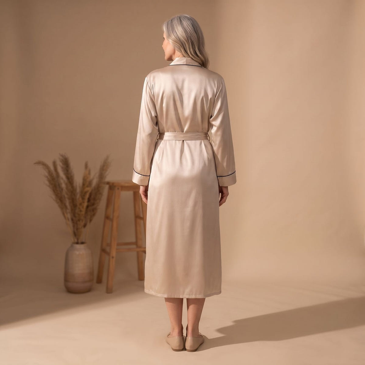 Cassie | Women's Satin Long Sleeve Shawl Collar Contrast Piping Belted Robe