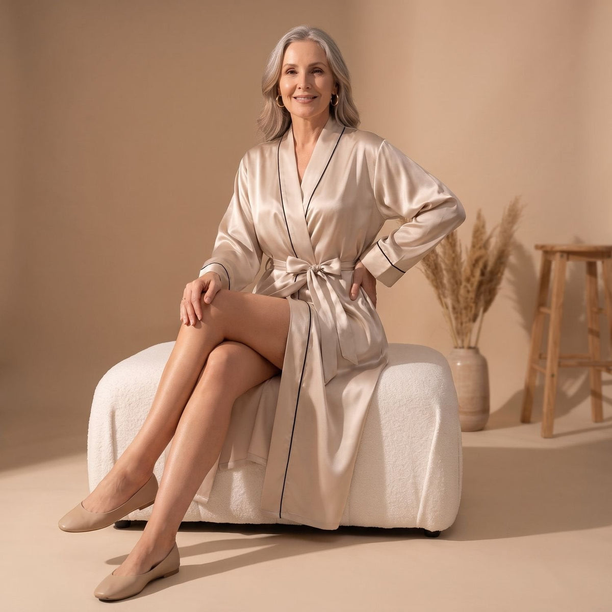 Cassie | Women's Satin Long Sleeve Shawl Collar Contrast Piping Belted Robe