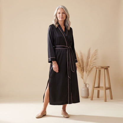 Cassie | Women's Satin Long Sleeve Shawl Collar Contrast Piping Belted Robe