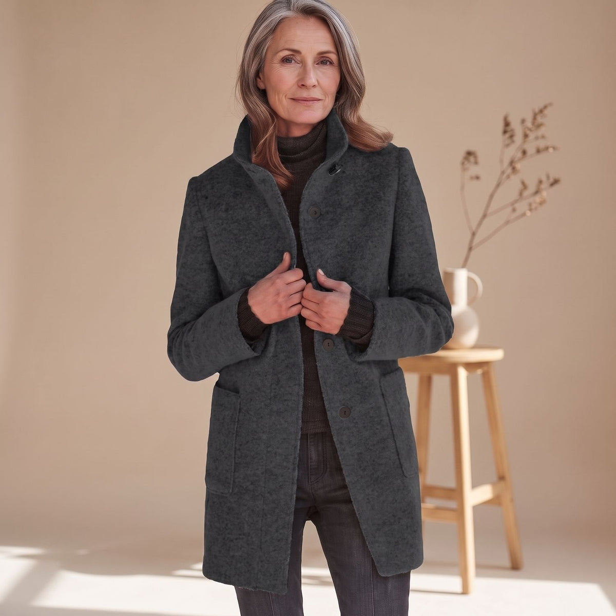 Claudia | Women's Stand Collar Wool-Blend Patch Pocket Winter Coat
