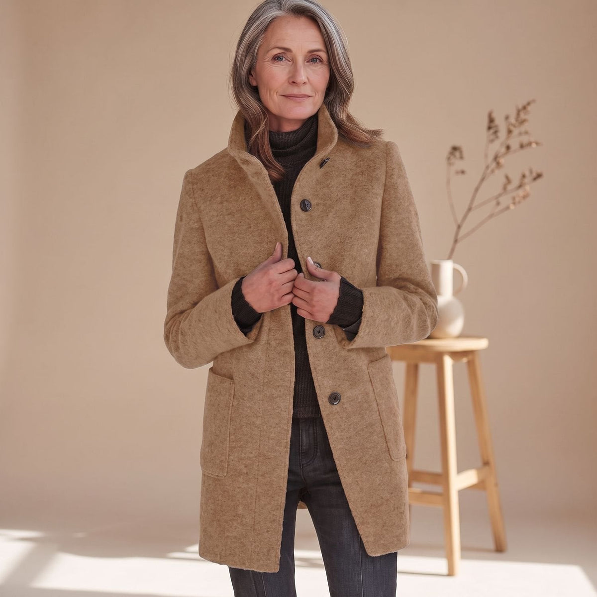 Claudia | Women's Stand Collar Wool-Blend Patch Pocket Winter Coat