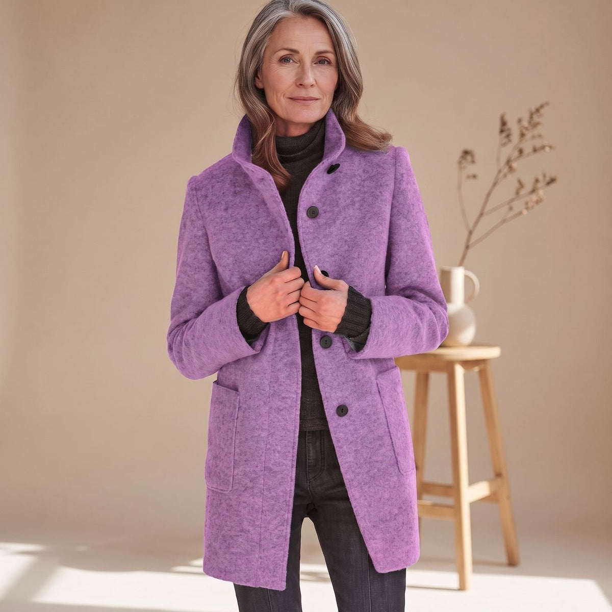 Claudia | Women's Stand Collar Wool-Blend Patch Pocket Winter Coat
