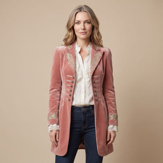 Cecelia | Women's Pink Velvet Embroidered Vintage Military Long Coat